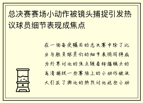 总决赛赛场小动作被镜头捕捉引发热议球员细节表现成焦点
